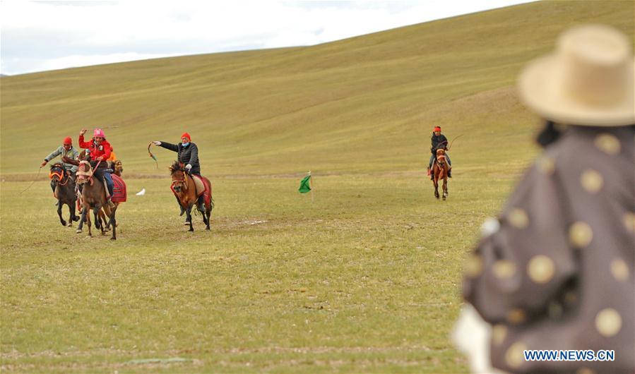Herdsmen perform horse riding at Rima Village in Gerze County of Ali, southwest China\'s Tibet Autonomous Region, Aug. 6, 2018. Herdsmen ride and race horses to celebrate after harvesting cashmere. (Xinhua/Zhang Rufeng)