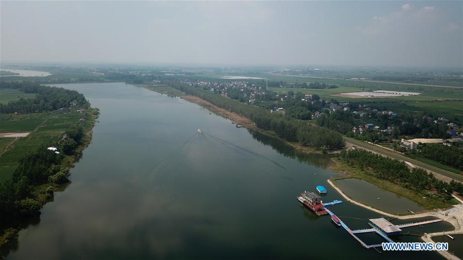 Aerial photo taken on Aug. 7, 2018 shows Xijiang off-site conservation center of the finless porpoise nature reserve along the Yangtze River in Anqing City, east China\'s Anhui Province. The finless porpoise nature reserve, consisting of three core zones, six buffer zones and several experimental zones, has provided a safe habitat for some 200 finless porpoises, since being set up in 2017. (Xinhua/Jin Liwang)