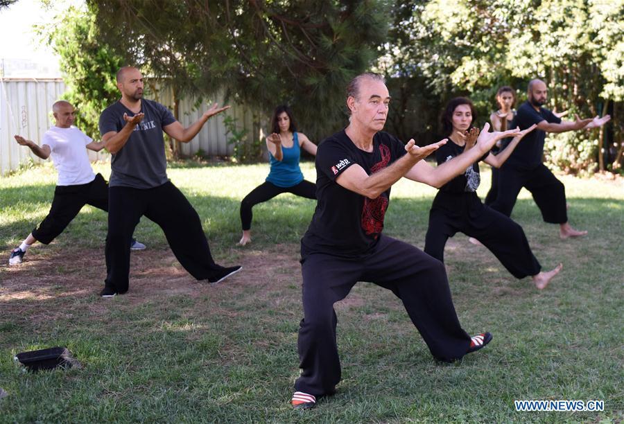 Turkish Tai Chi instructor Esat Atac (front) leads his students to practice Tai Chi, an ancient Chinese martial art, in Istanbul, Turkey, on Aug. 9, 2018. Tai Chi has recently become an appealing activity, especially for those who feel stressed out living in big cities like Istanbul, according to Mustafa Karslioglu, deputy head of the Turkish-Chinese Cultural Association. (Xinhua/He Canling)