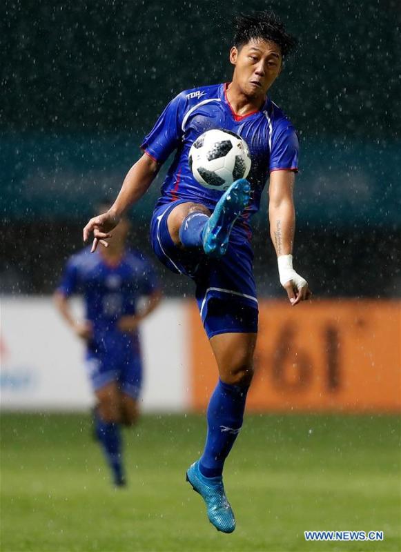 <?php echo strip_tags(addslashes(Lee Hsiangwei of Chinese Taipei competes during the Men's Football Group A match between Chinese Taipei and Palestine at the 18th Asian Games at Patriot Stadium in Bekasi, Indonesia, Aug. 10, 2018. (Xinhua/Wang Lili))) ?>