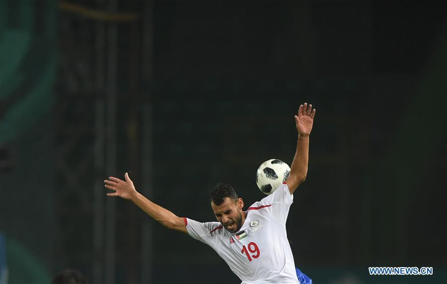 Sameh Maraaba of Palestine competes during the Men\'s Football Group A match between Chinese Taipei and Palestine at the 18th Asian Games at Patriot Stadium in Bekasi, Indonesia, Aug. 10, 2018. (Xinhua/Jia Yuchen)