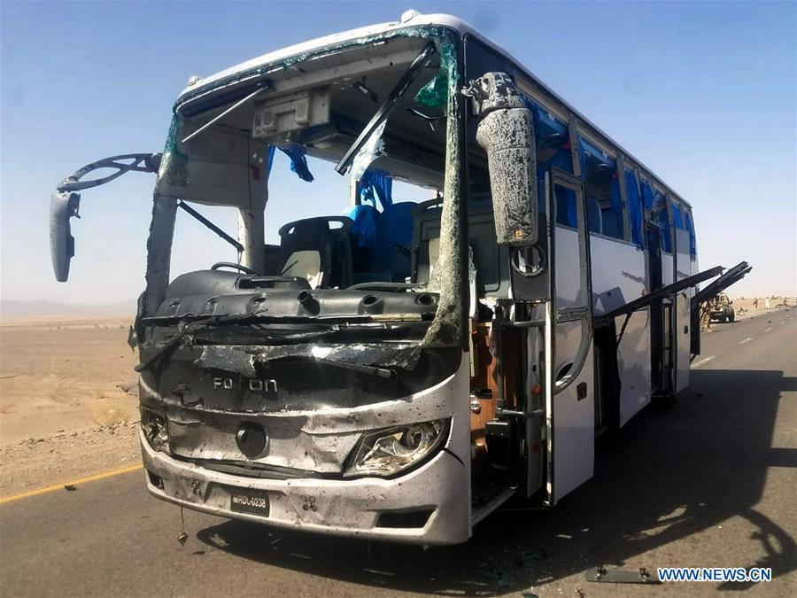A damaged bus is seen at the site of a suicide blast in Pakistan\'s southwestern Balochistan province on Aug. 11, 2018. A suicide attack injured six people including three Chinese workers here on Saturday, the Chinese Embassy to Pakistan said. (Xinhua/Stringer)