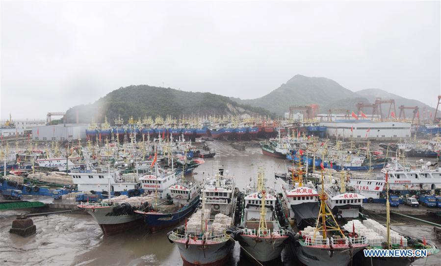 Photo taken on Aug. 12, 2018 shows vessels anchoring at Jiaoshan dock for shelter in Wenling City, east China\'s Zhejiang Province. China\'s national observatory on Sunday upgraded the alert for typhoon Yagi from blue to yellow, as the typhoon is forecast to make landfall in the eastern coastal region Sunday night. (Xinhua/Tao Wenbiao)