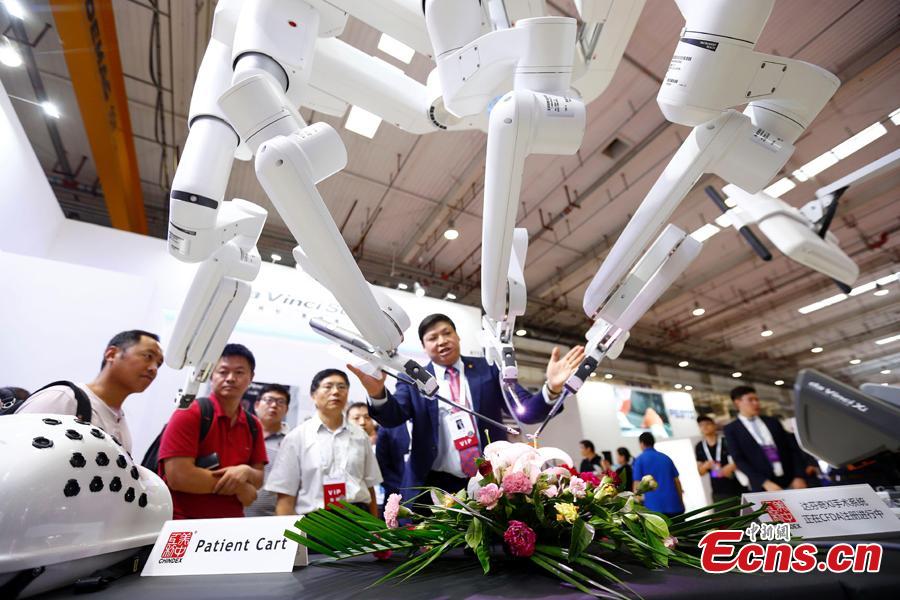 Robot products on display at the World Robot Conference 2018 in Beijing, Aug. 15, 2018. The conference included a competitive section, which attracted contestants from 16 countries and regions. (Photo: China News Service/Fu Tian)