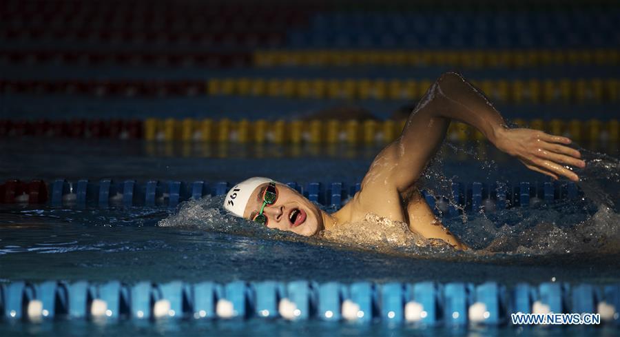 Chinese swimming athlete Sun Yang practices in the pool for the upcoming Asian Games in Jakarta, Indonesia, on Aug. 15, 2018. (Xinhua/Fei Maohua)