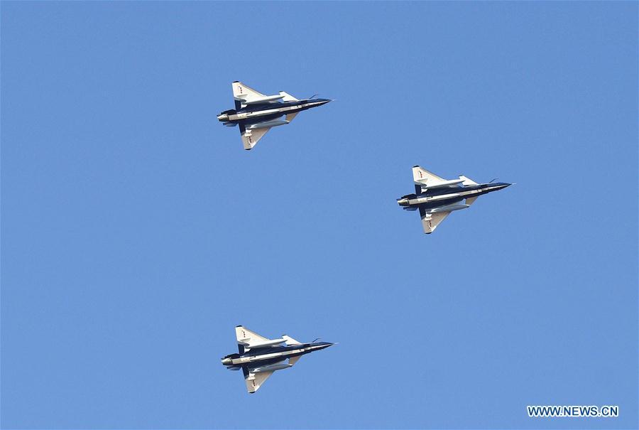 Three J-10 fighter jets of the Chinese People\'s Liberation Army (PLA) Air Force\'s August 1st aerobatics team leave from northwest China\'s Xinjiang Uygur Autonomous Region, Aug. 16, 2018. The August 1st team left Thursday for Russia to perform at the Army 2018 International Military and Technical Forum. (Xinhua/Yu Yongde)