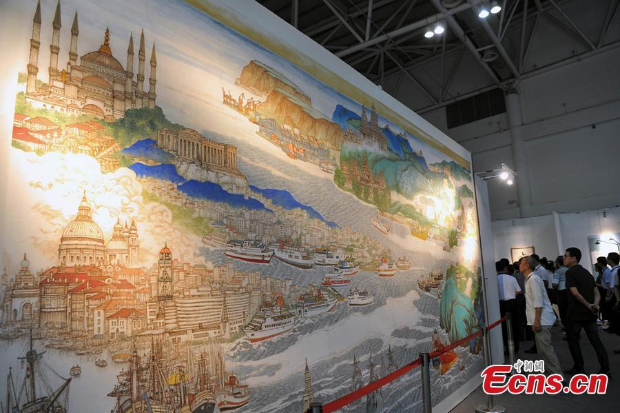 <?php echo strip_tags(addslashes(An exhibition of traditional Chinese paintings on Maritime Silk Road is held in Fuzhou, East China's Fujian Province on Aug. 17, 2018. The exhibit, covering about 5,000 square meters, includes more than 300 art works. (Photo: China News Service/Zhang Bin))) ?>