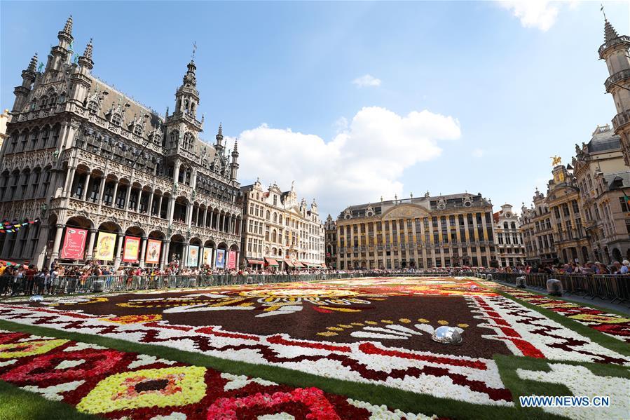 Photo taken on Aug. 17, 2018 shows the Flower Carpet at the Grand Place in Brussels, Belgium. The Flower Carpet 2018 is held at the Grand Place in Brussels from Aug. 16 to Aug. 19. This year\'s carpet is dedicated to Guanajuato, a Mexican region with rich floral culture and tradition. (Xinhua/Zheng Huansong)