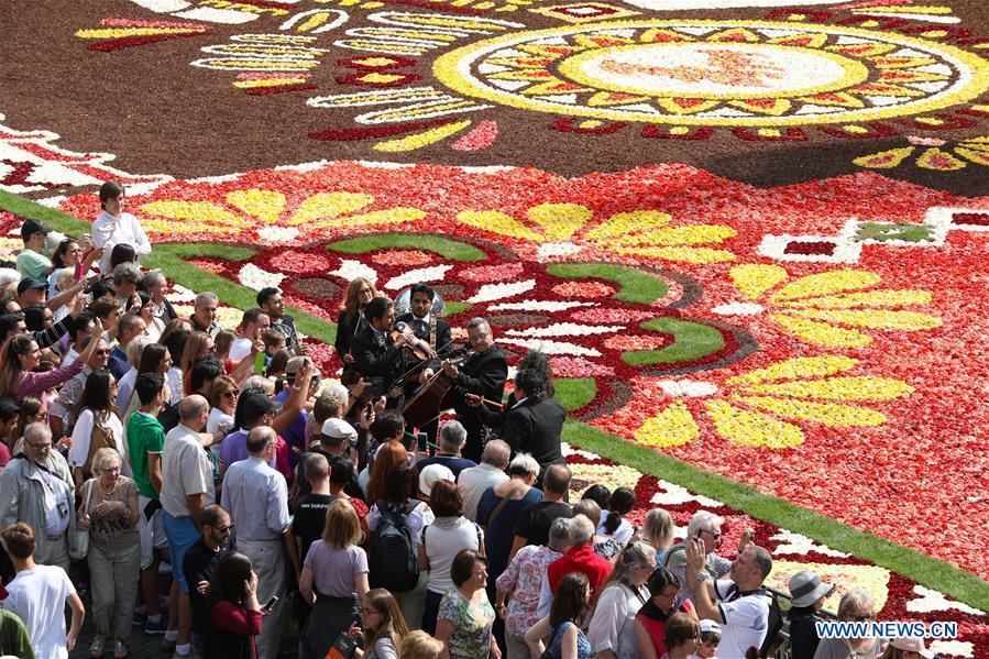 A band performs for visitors beside the Flower Carpet at the Grand Place in Brussels, Belgium, Aug. 17, 2018. The Flower Carpet 2018 is held at the Grand Place in Brussels from Aug. 16 to Aug. 19. This year\'s carpet is dedicated to Guanajuato, a Mexican region with rich floral culture and tradition. (Xinhua/Zheng Huansong)