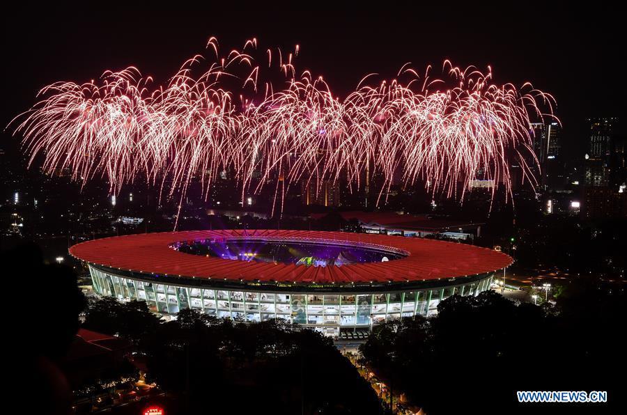 <?php echo strip_tags(addslashes(Fireworks explode over the Gelora Bung Karno (GBK) Main Stadium at the opening ceremony of the 18th Asian Games in Jakarta, Indonesia, Aug. 18, 2018.(Xinhua/Li Xiang))) ?>