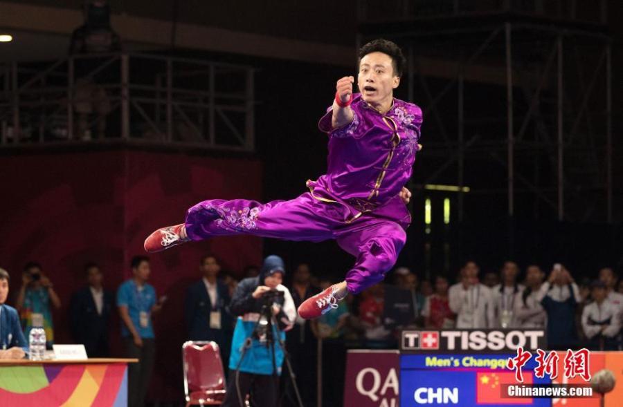 <?php echo strip_tags(addslashes(Sun Peiyuan of China competes during the Men's Changquan final at the 18th Asian Games in Jakarta, Indonesia Aug. 19, 2018. (Photo/China News Service))) ?>