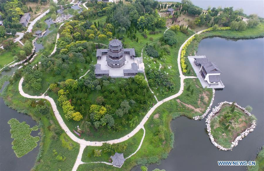 Aerial photo taken on Aug. 19, 2018 shows Yingzhou Park in Hejian City, north China\'s Hebei Province. Yingzhou Park, transformed from an abandoned sump, has become an ecological park covering 51 hectares of green space and 44 hectares of water area. (Xinhua/Zhu Xudong)