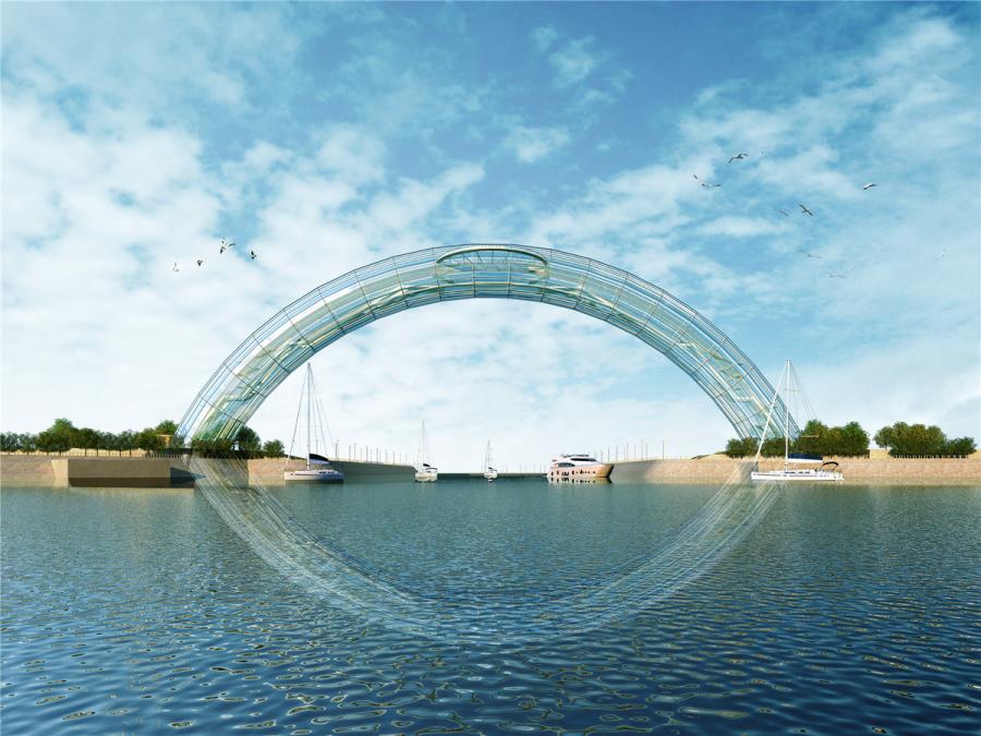 Artist\'s impressions of the Eye of the Yellow Sea, China\'s first all-steel glass arch bridge that is under construction in Rizhao, Shandong Province. The arch bridge spans about 177 meters and is expected to be completed in 2019. (Photo provided to chinadaily.com.cn)