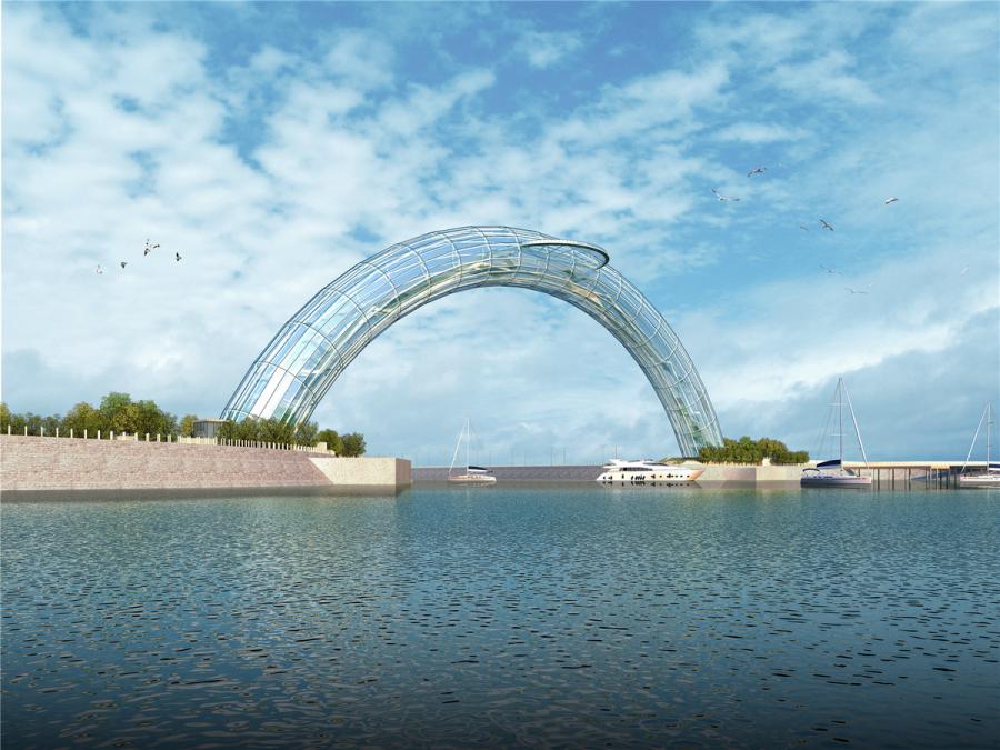 Artist\'s impressions of the Eye of the Yellow Sea, China\'s first all-steel glass arch bridge that is under construction in Rizhao, Shandong Province. The arch bridge spans about 177 meters and is expected to be completed in 2019. (Photo provided to chinadaily.com.cn)