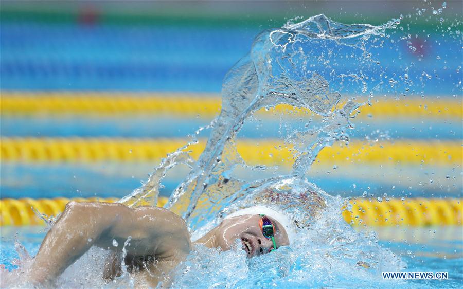 Sun Yang of China competes during men\'s 1500m freestyle final of swimming at the 18th Asian Games in Jakarta, Indonesia, Aug. 24, 2018. Sun won the gold medal. (Xinhua/Fei Maohua)