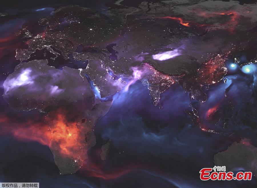 This NASA satellite visualization obtained August 26, 2018, highlights Goddard Earth Observing System Forward Processing (GEOS FP), offering an expansive view of the mishmash of particles that dance and swirl through the atmosphere, of output for aerosols on August 23, 2018.
On that day, huge plumes of smoke drifted over North America and Africa, three different tropical cyclones churned in the Pacific Ocean, and large clouds of dust blew over deserts in Africa and Asia. The storms are visible within giant swirls of sea salt aerosol (blue), which winds loft into the air as part of sea spray. Black carbon particles (red) are among the particles emitted by fires; vehicle and factory emissions are another common source. Particles the model classified as dust are shown in purple. The visualization includes a layer of night light data collected by the day-night band of the Visible Infrared Imaging Radiometer Suite (VIIRS) on Suomi NPP that shows the locations of towns and cities. (Photo/Agencies)