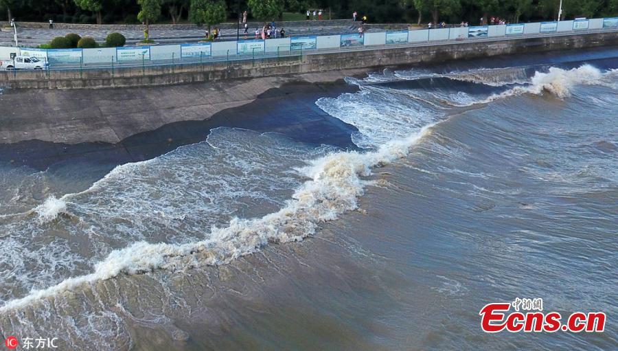 Waves surge in the Qiantang River in Hangzhou City, East China’s Zhejiang Province, Aug. 28, 2018.  High tides produced high waves in the Qiantang River on the eighteenth day of the seventh lunar month, on Aug. 28 this year. (Photo/IC)
