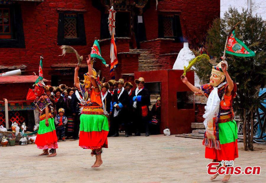 The annual cham dance at a monastery in Qonggyai County, Southwest China\'s Tibet Autonomous Region. The dance, called \
