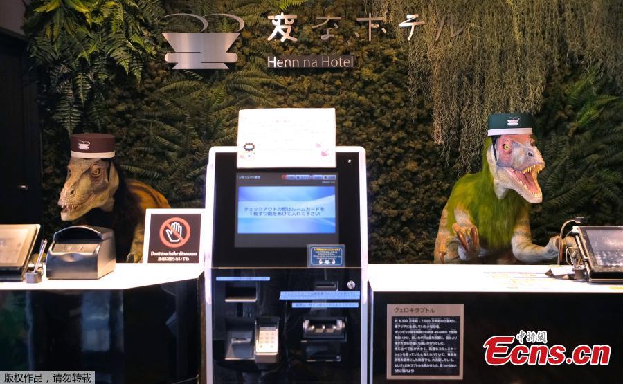 Dinosaur robots act as receptionist in the Henn na Hotel Maihama Tokyo Bay in Urayasu, east of Tokyo, Japan, Aug. 31, 2018. Multilingual dinosaur robot at the front desk will do check-in / check-out procedures as the hotel aims to offer comfortable stay by utilizing various advanced technologies. The name is a play on a Japanese word meaning strange. (Photo/Agencies)