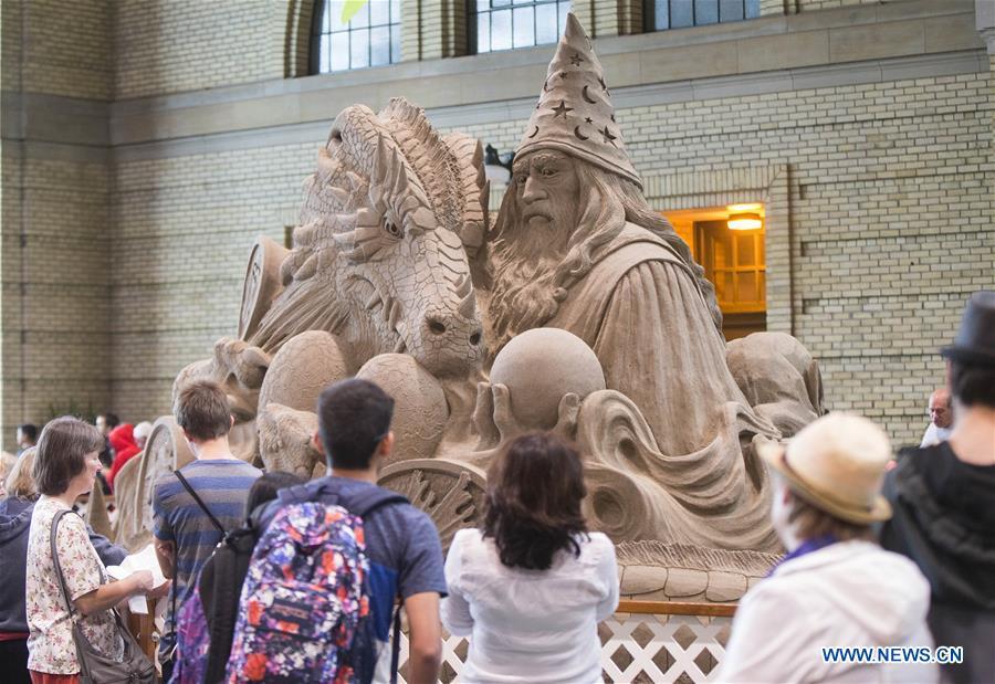 Photo taken on Aug. 30, 2018 shows a sand sculpture in the International Sand Sculpting Competition at the 2018 Canadian National Exhibition in Toronto, Canada, Aug. 30, 2018. From Aug. 17 to Sept. 3, sand sculpting artists from the Netherlands, Russia, the United States and Canada challenged to create \