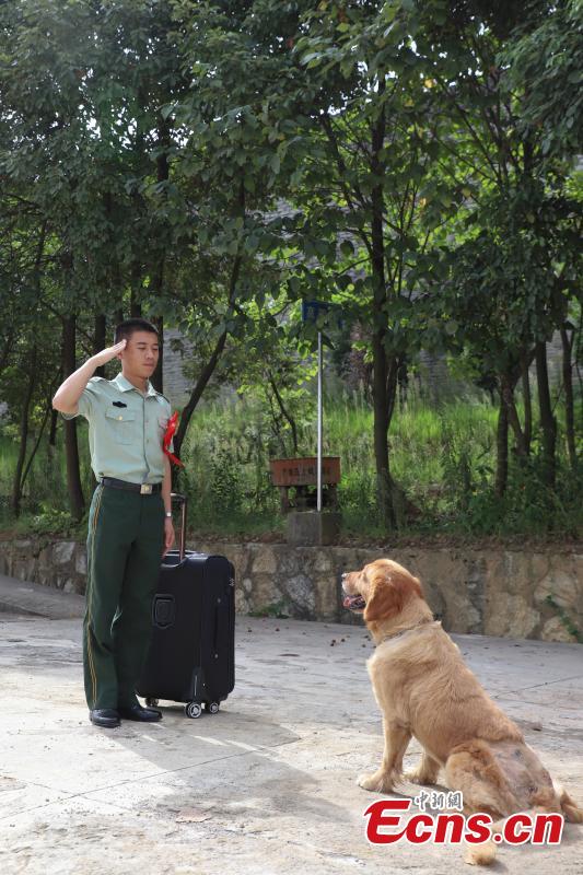 <?php echo strip_tags(addslashes(Armed police officer Han Menglin spends his last moments with a police dog at a training base before ending his military service in Guizhou Province, Aug. 31, 2018. (Photo: China News Service/Qu Honglun))) ?>
