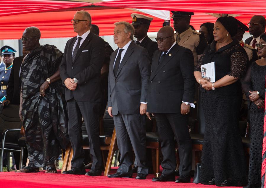 Ghanaian President Nana Akufo-Addo (4th L, front) and United Nations Secretary-General Antonio Guterres (3rd L, front) attend the state funeral of former UN Secretary-General Kofi Annan in Accra, Ghana, on Sept. 13, 2018. A number of African and world leaders joined Ghanaian President Nana Akufo-Addo here on Thursday to bid farewell to former United Nations Secretary-General Kofi Annan, who passed away in Switzerland on Aug. 18. (Xinhua/Fred Bonsu)