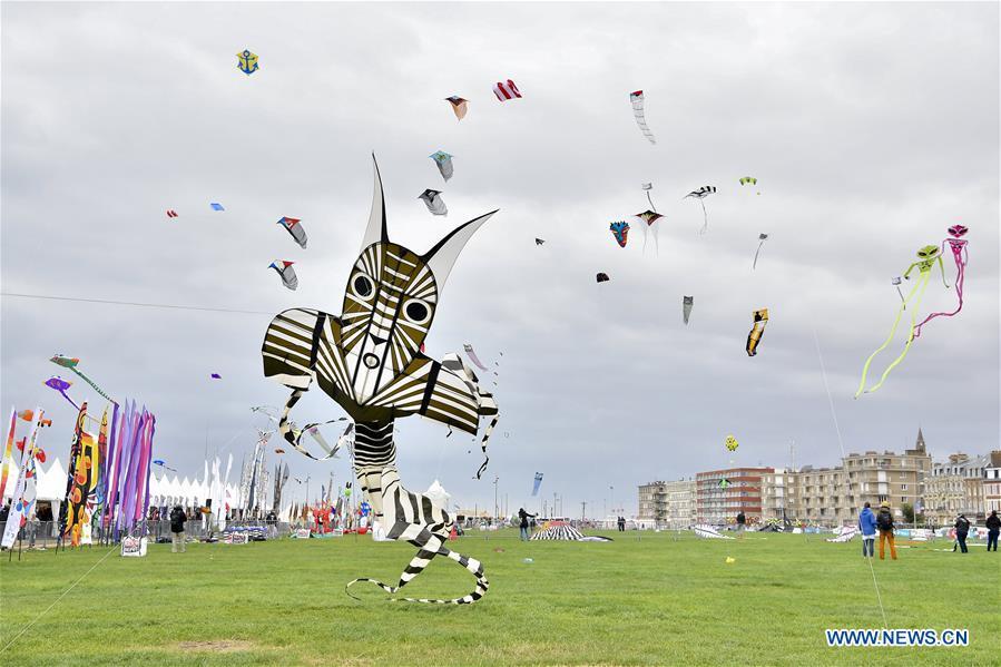 Kites fly over Dieppe, France, on Sept. 14, 2018. The 20th Dieppe International Kite Festival is held here from Sept. 8 to Sept. 16, attracting over 1,000 kite enthusiasts from 34 countries and regions. (Xinhua/Chen Yichen)