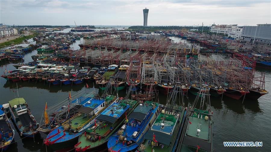 <?php echo strip_tags(addslashes(Aerial photo taken on Sept. 14, 2018 shows fishing boats berthed at a fishing port in Sanya, south China's Hainan Province. Mangkhut, the 22nd typhoon this year, is expected to land in south China's Guangdong and Hainan provinces on the night of Sept. 16. (Xinhua/Yang Guanyu))) ?>