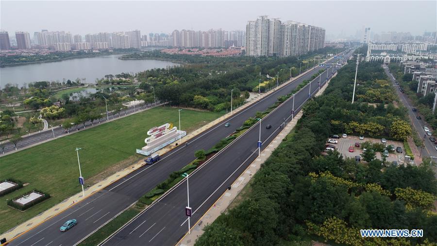 Aerial photo taken on Sept. 13, 2018 shows the scenery near the Meijiang Convention and Exhibition Center in Tianjin, north China. The 12th Summer Davos Forum will open on Sept. 18 in Tianjin. (Xinhua/Li Ran)