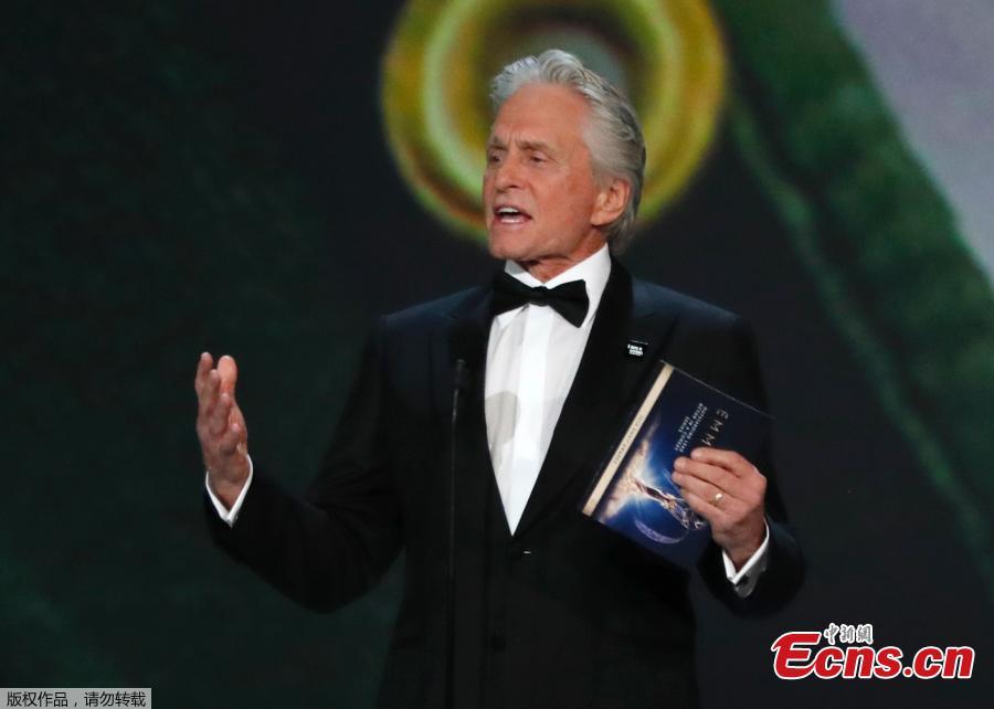 Michael Douglas presents the award for outstanding lead actor in a comedy series at the 70th Primetime Emmy Awards, Sept. 17, 2018, at the Microsoft Theater in Los Angeles. (Photo/Agencies)