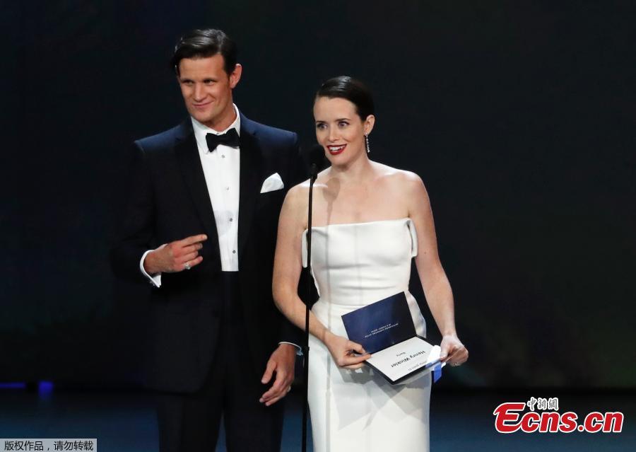 Matt Smith, left, and Claire Foy present the award for outstanding supporting actor in a comedy series at the 70th Primetime Emmy Awards, Sept. 17, 2018, at the Microsoft Theater in Los Angeles. (Photo/Agencies)