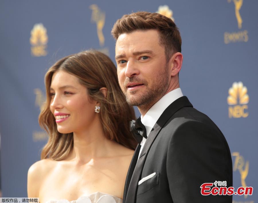 Jessica Biel and Justin Timberlake arrive at the 70th Primetime Emmy Awards, Sept. 17, 2018, at the Microsoft Theater in Los Angeles. (Photo/Agencies)