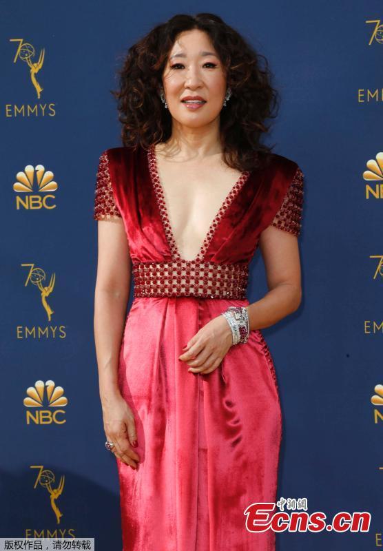 Sandra Oh arrives at the 70th Primetime Emmy Awards, Sept. 17, 2018, at the Microsoft Theater in Los Angeles. (Photo/Agencies)