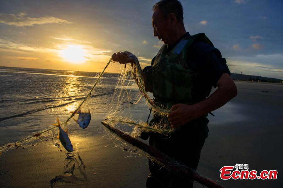 A fisherman works at a beach at sunset in Beihai City, South China’s Guangxi Zhuang Autonomous Region, Sept. 18, 2018. (Photo: China News Service/Xu Shaorong)