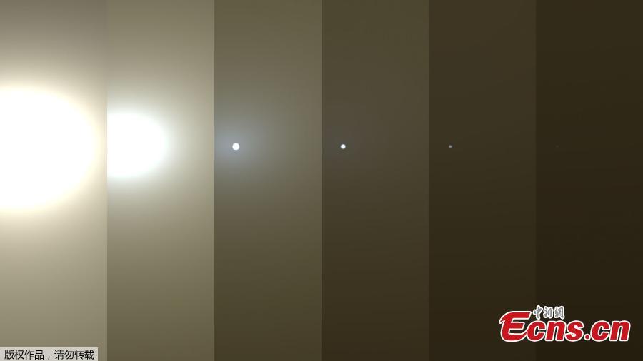 Science operations for NASA\'s Opportunity rover have been temporarily suspended as it waits out a dust storm on Mars, and this series of images obtained June 14, 2018 shows simulated views of a darkening Martian sky blotting out the Sun from NASA\'s Opportunity rover\'s point of view, with the right side simulating Opportunity\'s current view in the global dust storm (June 2018). The left starts with a blindingly bright mid-afternoon sky, with the sun appearing bigger because of brightness. The right shows the Sun so obscured by dust it looks like a pinprick.  (Photo/Agencies)