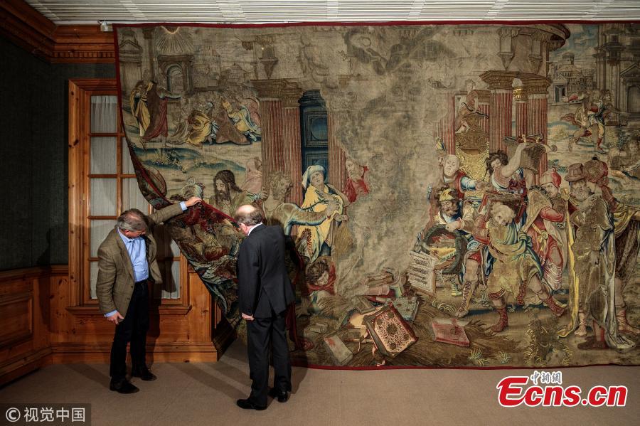 <?php echo strip_tags(addslashes(A tapestry commissioned by Henry VIII in the 1530s and thought to have been destroyed has been uncovered in Spain. It was the King's prized possession and ultimate show of wealth - 20 ft wide and woven with gold and silver. It was last seen in Windsor Castle in 1770. (Photo/VCG))) ?>