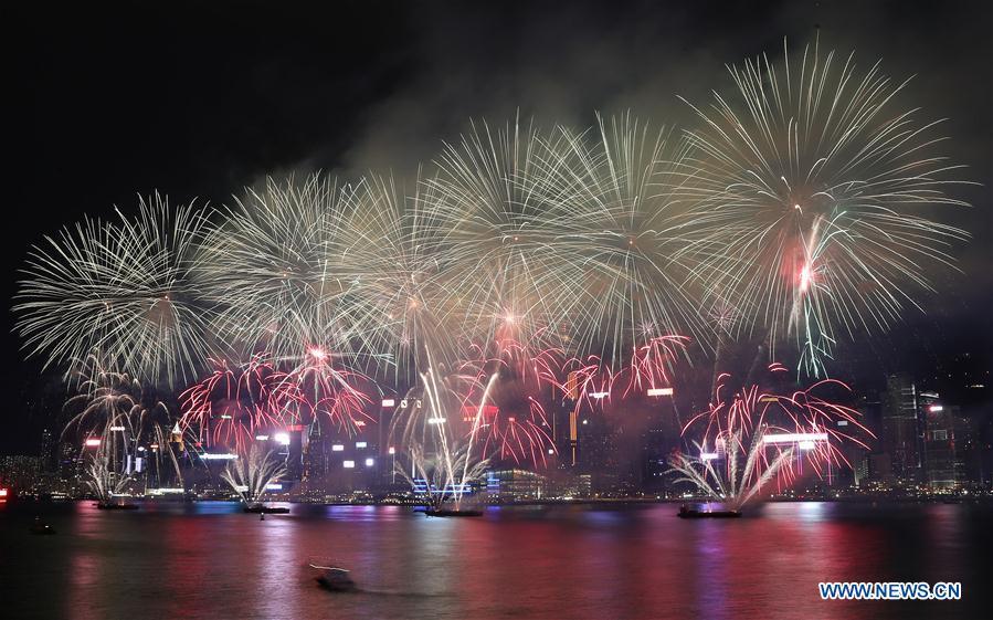 Fireworks are seen during the celebration of China\'s National Day, in Hong Kong, south China, Oct. 1, 2018. People celebrate the 69th anniversary of the founding of the People\'s Republic of China on Monday. (Xinhua/Li Gang)