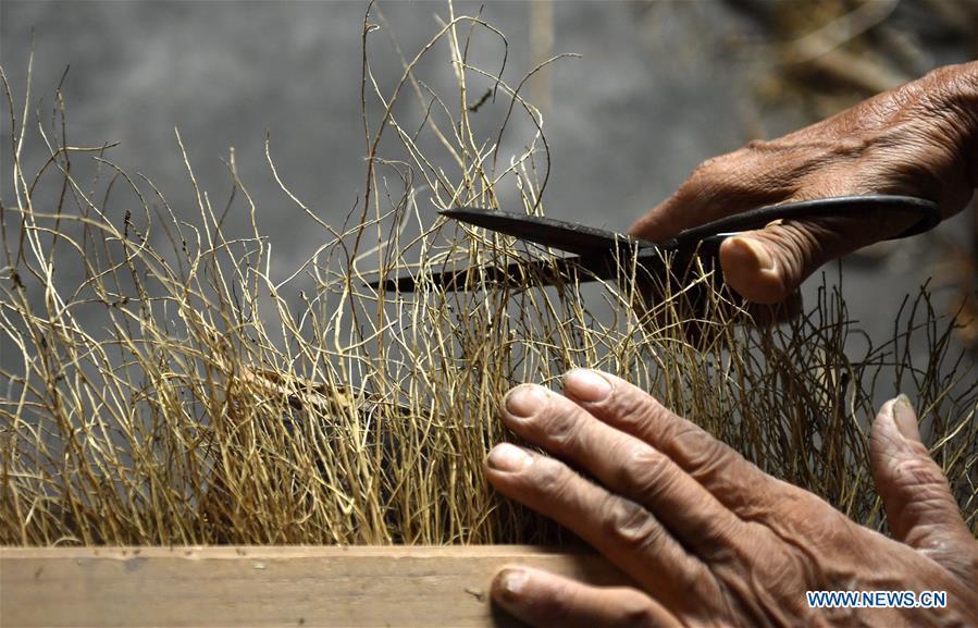 Yang Hanlin trims a finished broomstick in Sanhegou Village of Xuan\'en County, Enshi Tujia and Miao Autonomous Prefecture, central China\'s Hubei Province, Oct. 7, 2018. An 81-year-old local artisan, Yang Hanlin has committed himself to the making of broomsticks for decades. Produced under a set of strict standards, Yang\'s broomsticks are known for their durability. Over the years, Yang has set up a few more workshops to involve local villagers in the broomstick production as a means to raise their income levels. (Xinhua/Song Wen)