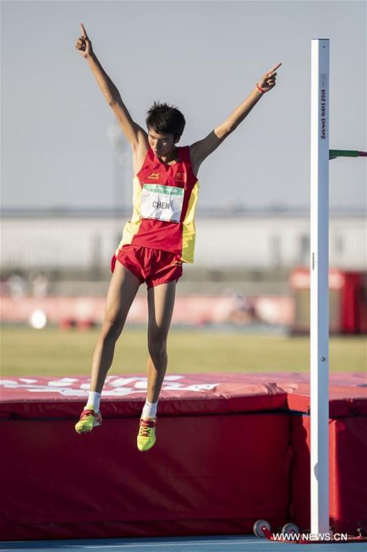 <?php echo strip_tags(addslashes(Chen Long of China reacts during the men's high jump of athletics event at the 2018 Summer Youth Olympic Games in Buenos Aires, Argentina, on October 14, 2018. Chen won the gold medal. (Xinhua/Li Ming))) ?>