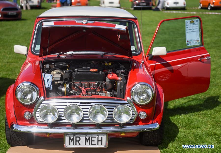 Photo taken on Oct. 20, 2018 shows a BMW MINI Cooper vehicle displayed by its owner in Wellington, New Zealand. More than 120 BMW MINI Cooper vehicles are displayed during the 24th Mini Nationals Show and Shine. (Xinhua/Guo Lei)