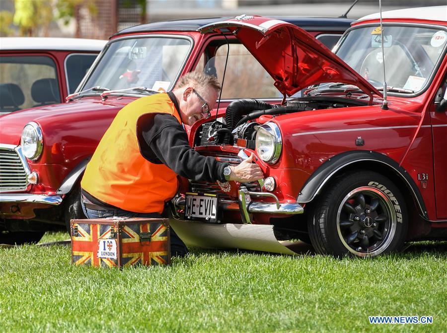 A mechanist inspects a BMW MINI Cooper vehicle in Wellington, New Zealand, on Oct. 20, 2018. More than 120 BMW MINI Cooper vehicles are displayed during the 24th Mini Nationals Show and Shine. (Xinhua/Guo Lei)