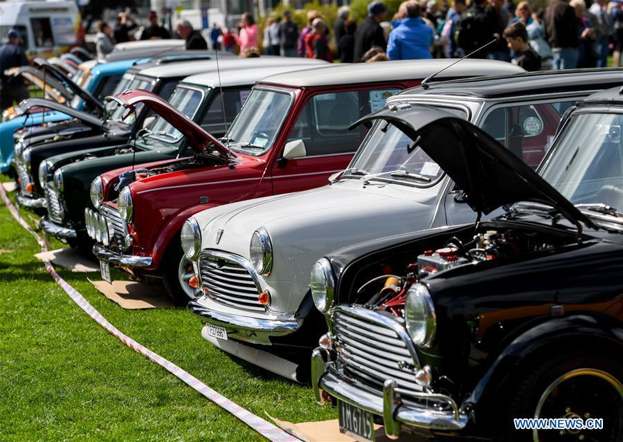 Photo taken on Oct. 20, 2018 shows BMW MINI Cooper vehicles displayed by owners in Wellington, New Zealand. More than 120 BMW MINI Cooper vehicles are displayed during the 24th Mini Nationals Show and Shine. (Xinhua/Guo Lei)