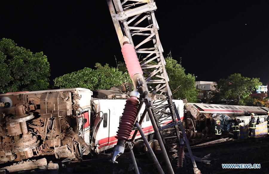 <?php echo strip_tags(addslashes(Photo taken on Oct. 21, 2018 shows the train derailment site in Yilan County, southeast China's Taiwan. At least 18 people died and another 120 injured, after a passenger train derailed in Taiwan on Sunday afternoon, according to the island's railway authority. The Puyuma Express No. 6432 bound for Taitung from Shulin Station with 366 passengers on board derailed at 4:50 p.m. local time at Su'aoxin Station in Yilan County. A total of 17 people were declared dead before being sent to hospital. Five of the eight cars of the express train overturned. The cause of the derailment is still under investigation. (Xinhua/Jin Liangkuai))) ?>