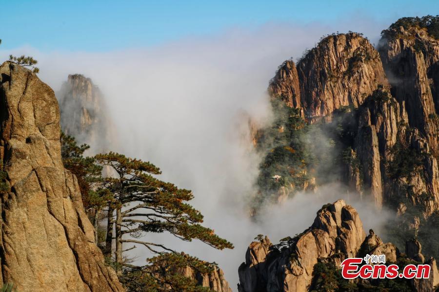 Mist and clouds surround Mount Huangshan in Anhui Province on Oct. 23, 2018. A UNESCO World Heritage site, the area is well known for its scenery, sunsets, peculiarly-shaped granite peaks, and Huangshan pine trees. (Photo: China News Service/Li Jingang)