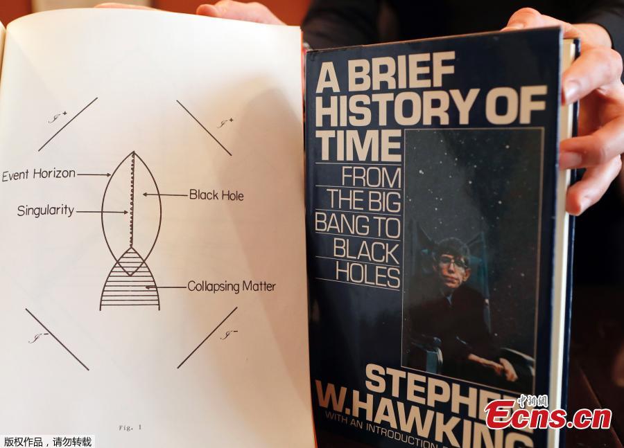 A Book, and scripts by Stephen Hawking are among the personal and academic possessions of Stephen Hawking at the auction house Christies in London, Oct. 19, 2018. The online auction announced by auctioneer Christie’s features 22 items from Hawking, including his doctoral thesis on the origins of the universe, with the sale scheduled for October 31 and November 8. (Photo/Agencies)