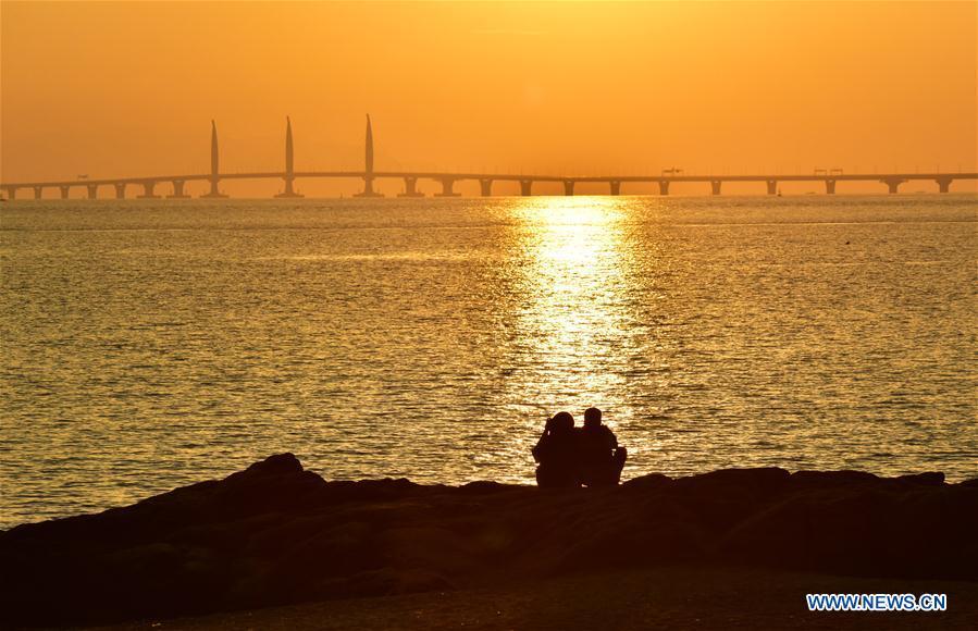 The Hong Kong-Zhuhai-Macao Bridge is seen at sunrise, Oct. 22, 2018. (Xinhua/Yin Bogu)
