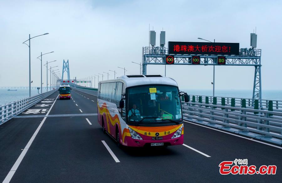 A coach passes the Qingzhou shipping channel bridge, part of the Hong Kong-Zhuhai-Macao Bridge, Octo. 24, 2018. (Photo: China News Service/Zhang Wei)