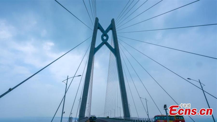 A coach passes the Qingzhou shipping channel bridge, part of the Hong Kong-Zhuhai-Macao Bridge, Octo. 24, 2018. (Photo: China News Service/Zhang Wei)