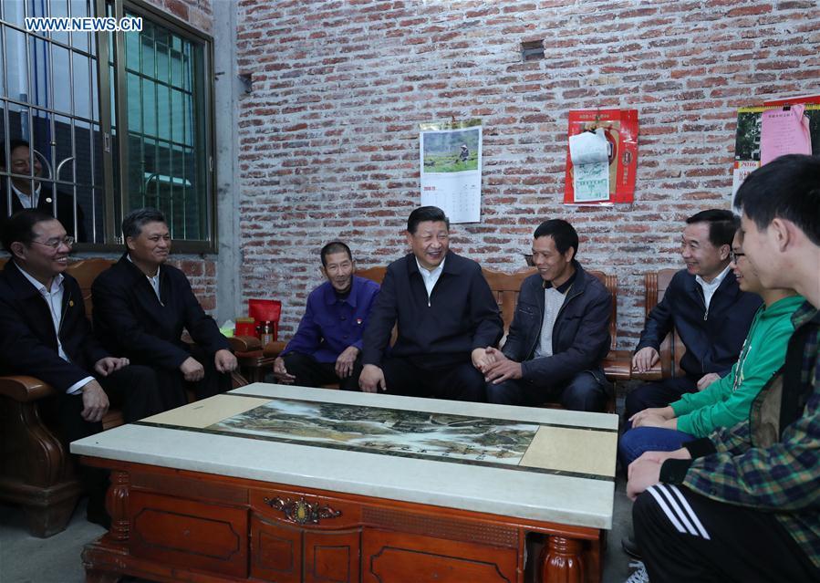 Chinese President Xi Jinping, also general secretary of the Communist Party of China Central Committee and chairman of the Central Military Commission, visits a poverty-stricken family in Lianzhang Village, Lianjiangkou Township, Yingde of Qingyuan City, south China\'s Guangdong Province, during an inspection tour, Oct. 23, 2018. (Xinhua/Ju Peng)