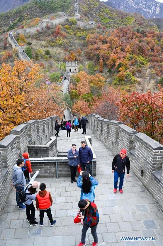 Tourists view the autumn scenery at the Mutianyu Great Wall in Beijing, capital of China, Oct. 28, 2018. (Xinhua/Chen Yehua)